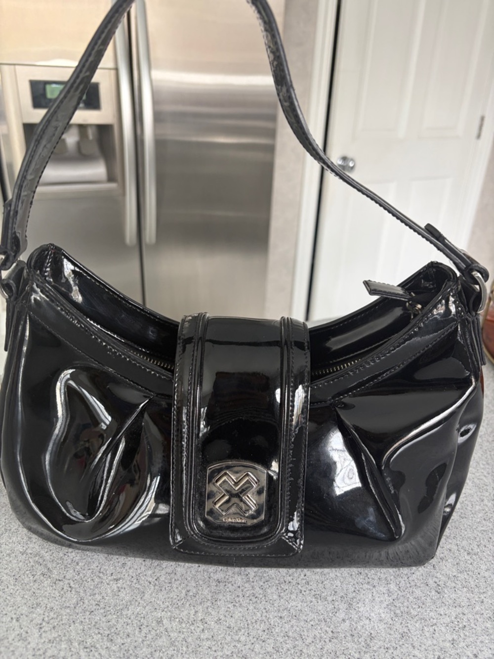 Vintage Calvin Klein Black Patent Shoulder Bag with Silver Logo